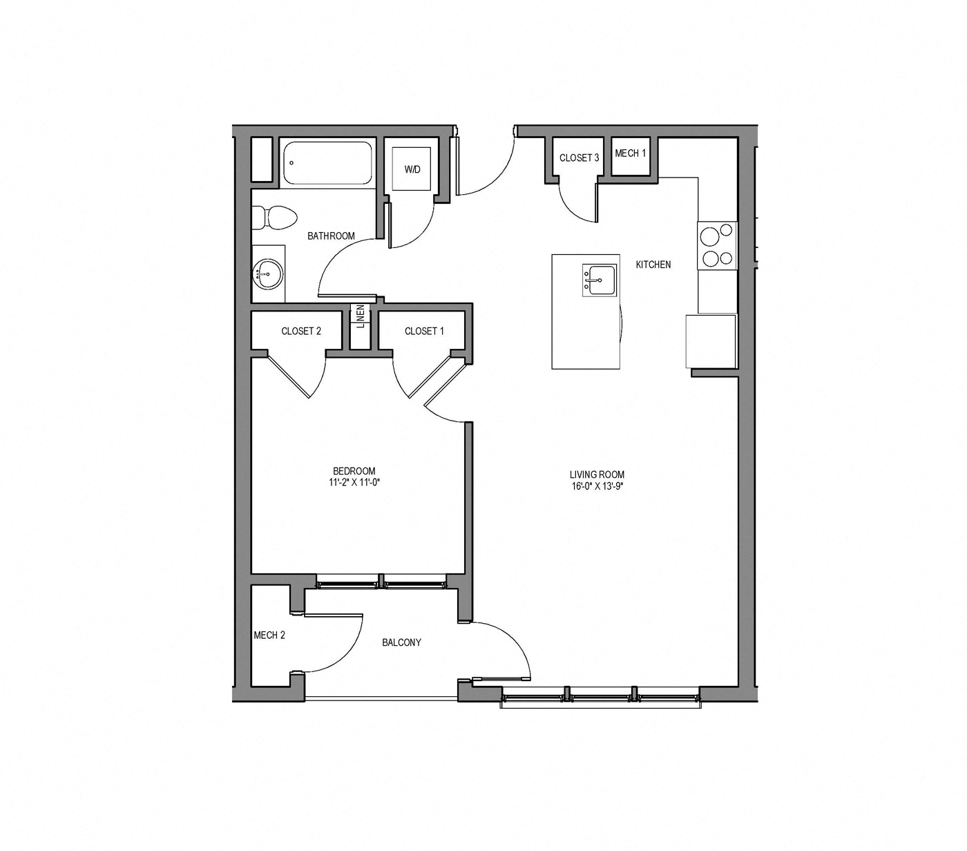 Floor plan for 1 bed, 1 bath, 756 sqft